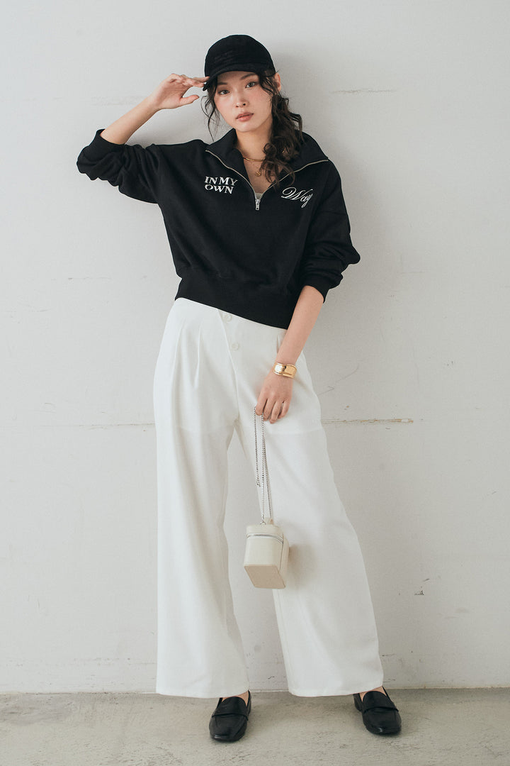 [SET]裏毛ロゴ刺繍ハーフZIPスウェット+斜めボタンタック入りスラックス(2set)