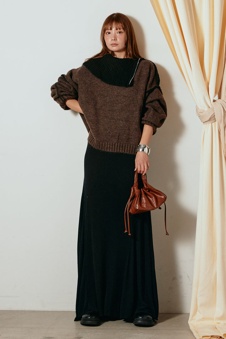 [SET]ハイネックジップデザインニットトップス+サイド切り替えリブニットロングスカート(2set)