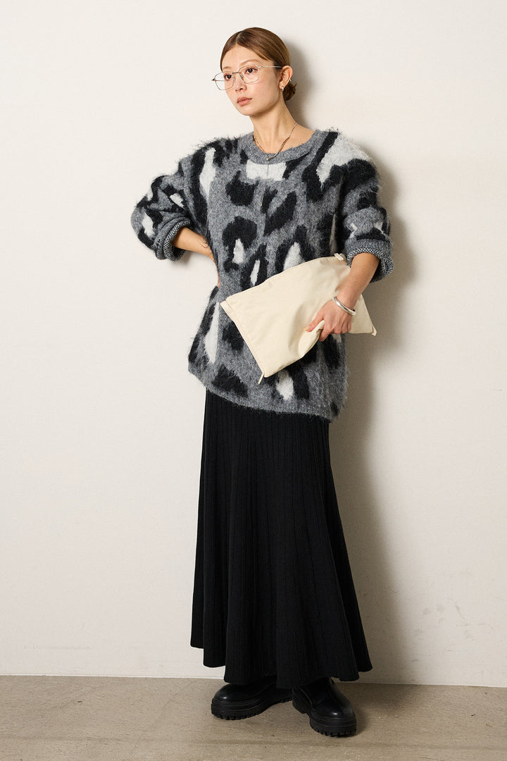 [SET]ルーズアニマルモヘアニットトップス+編み地切り替えフレアニットスカート(2set)