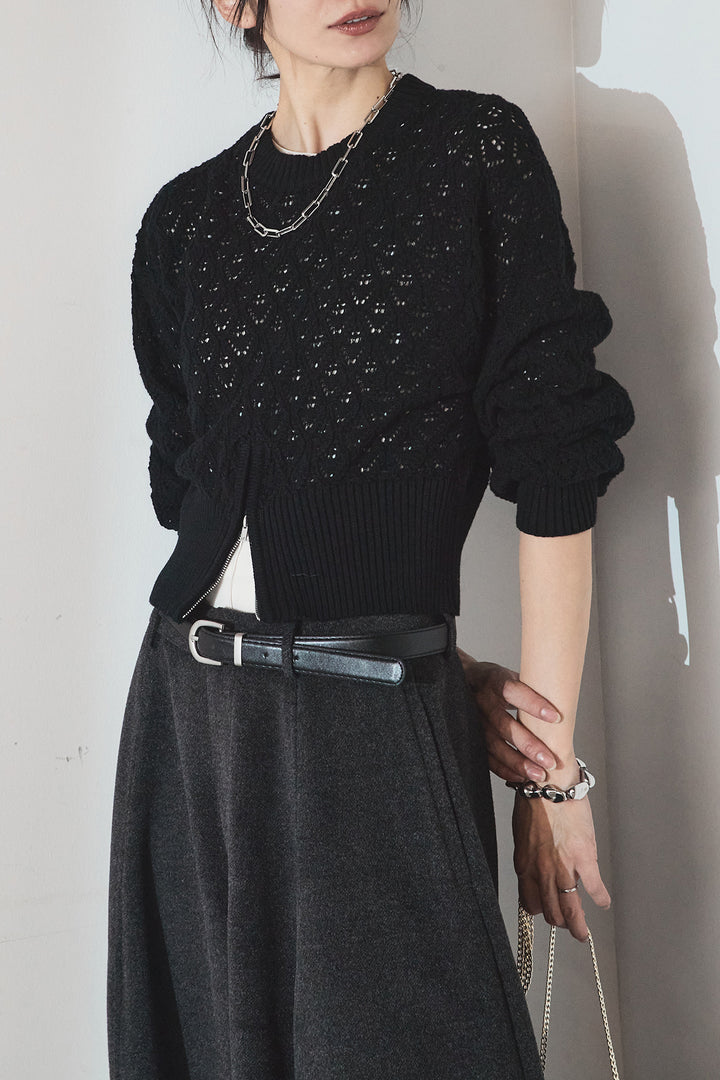 [SET]透かし編みニットジップスリットプルオーバー+ウールタッチカーブワイドパンツ(2set)