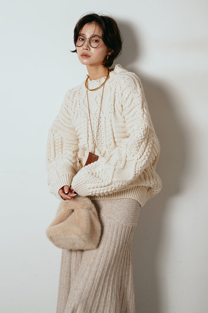 [SET]アラン柄ミックスケーブルニット+編み地切り替えフレアニットスカート(2set)