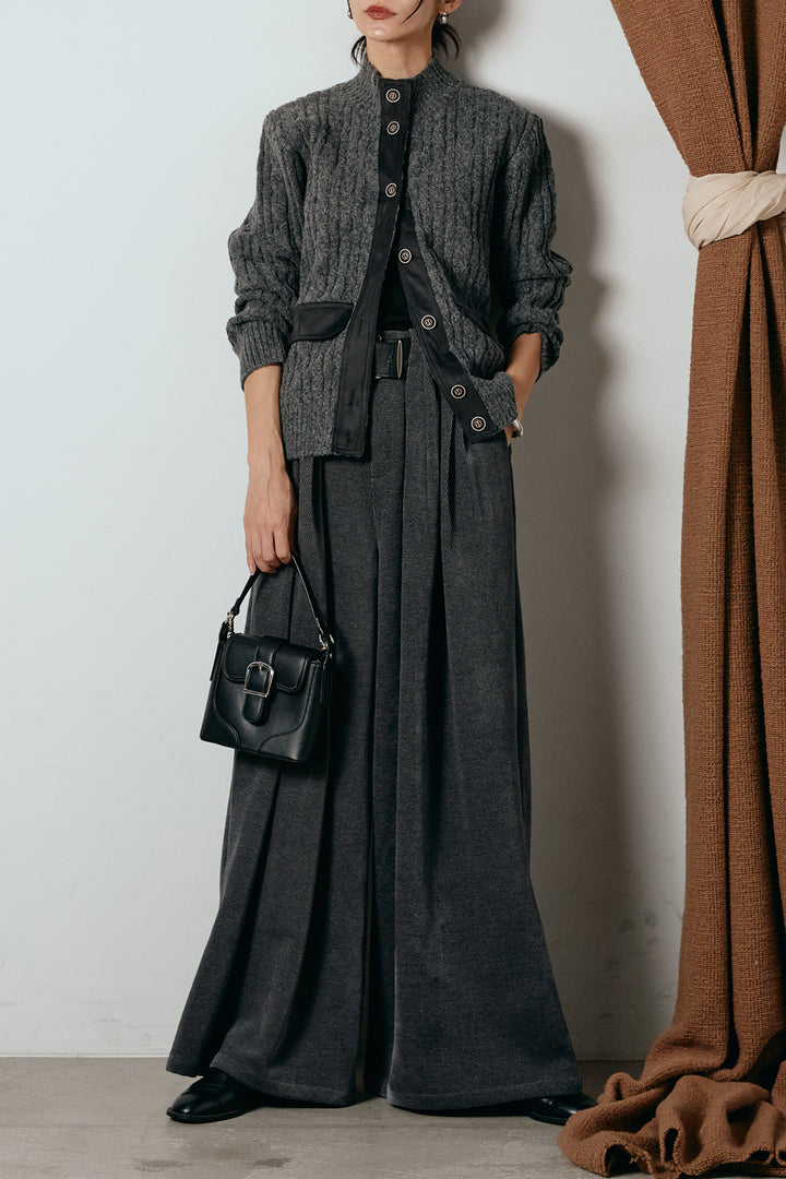 [SET]ボトルネックケーブルニットカーディガン+ベルトループコーデュロイワイドパンツ(2set)