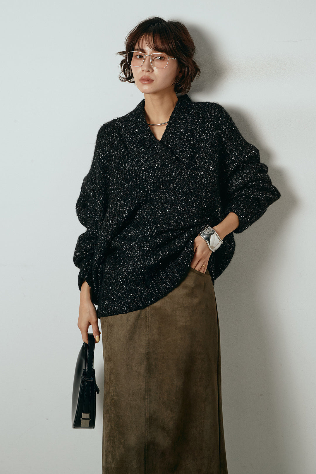 [SET]Vネックラメニットトップス+スウェードライク裾フリンジスカート(2set)