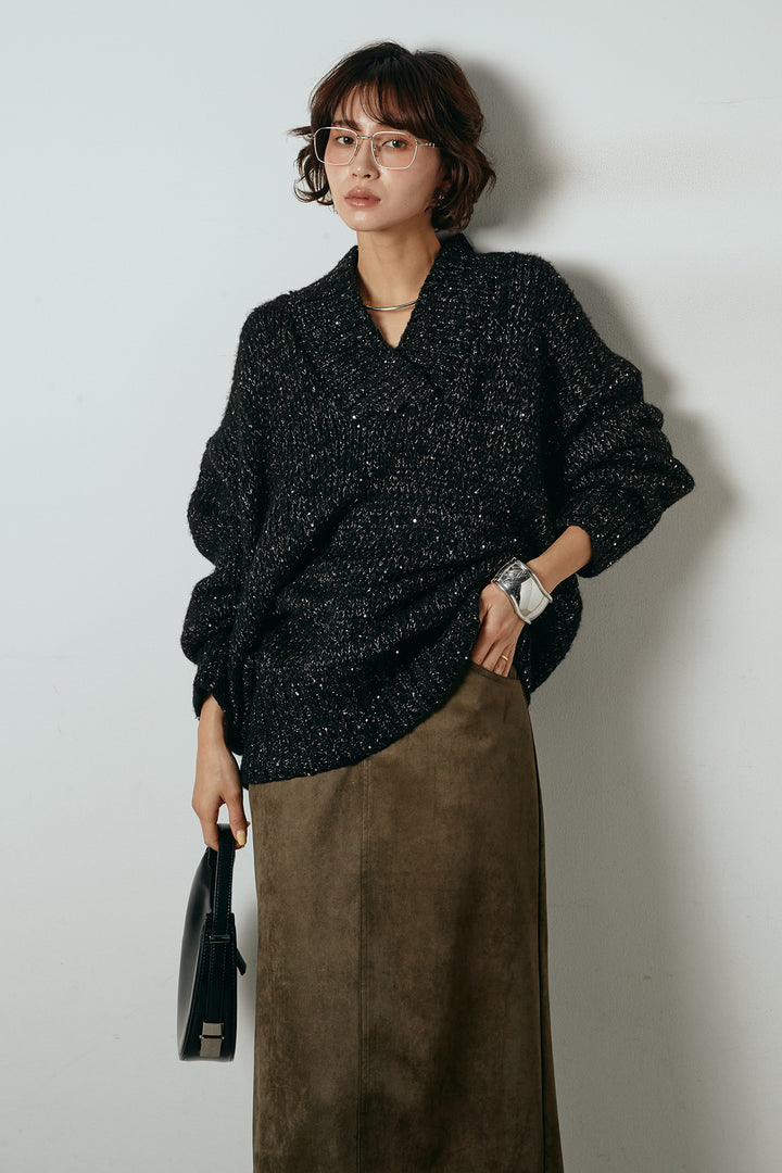 [SET]Vネックラメニットトップス+スウェードライク裾フリンジスカート(2set)