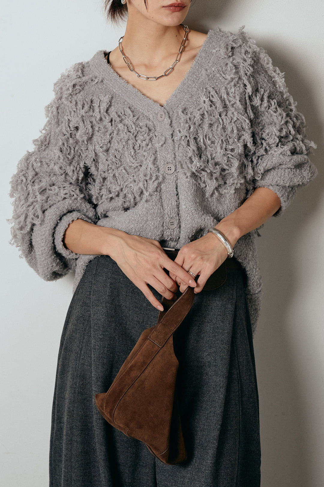 [SET]ループ編みVネックニットカーディガン+ポーチベルト付きカーブパンツ(2set)