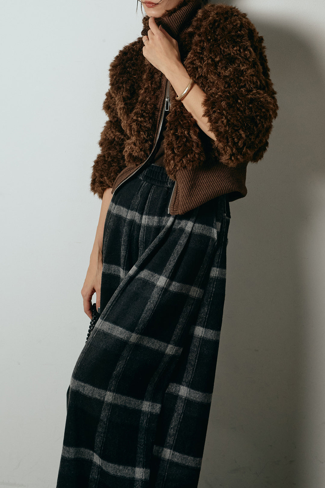 [SET]ハイネックショート丈ボアジップブルゾン+起毛タータンチェック柄ワイドパンツ(2set)
