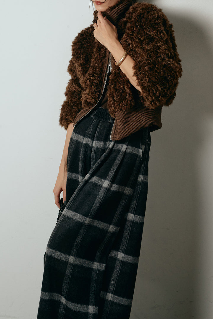 [SET]ハイネックショート丈ボアジップブルゾン+起毛タータンチェック柄ワイドパンツ(2set)