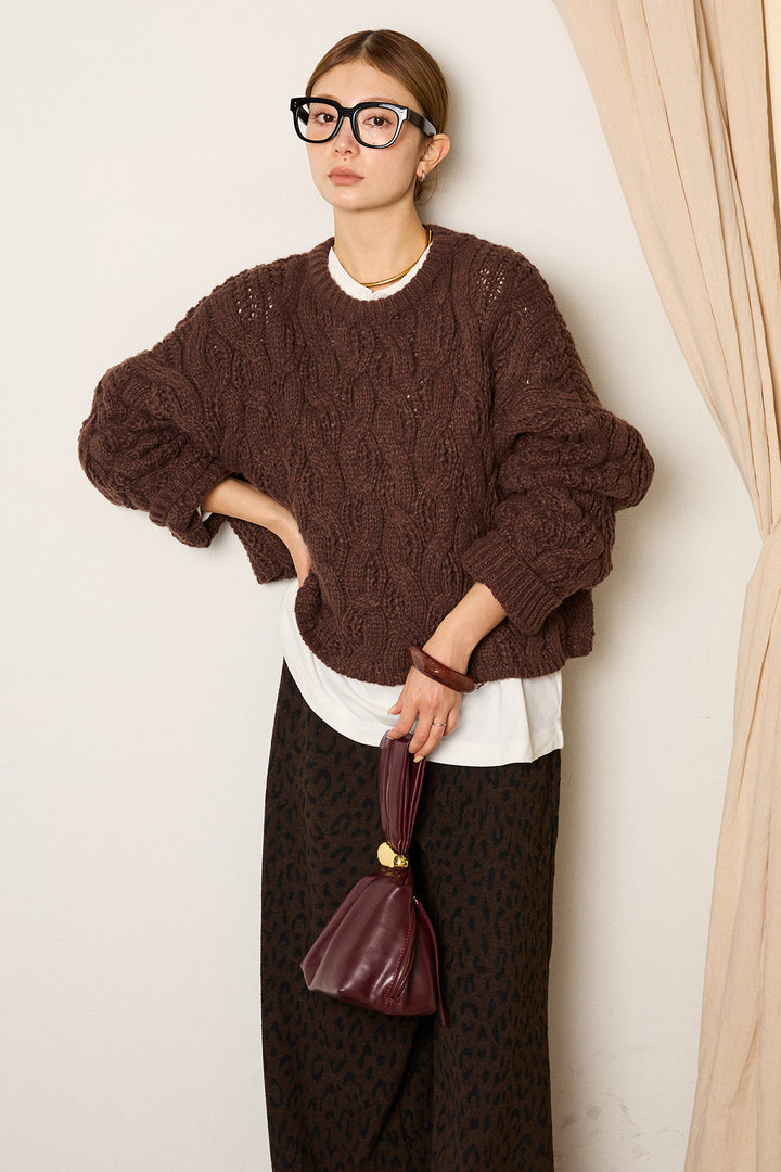 [SET]ケーブルリラックスショートニット+箔プリントBIGシルエットロングスリーブTシャツ+レオパードジャガードニットパンツ(3set)
