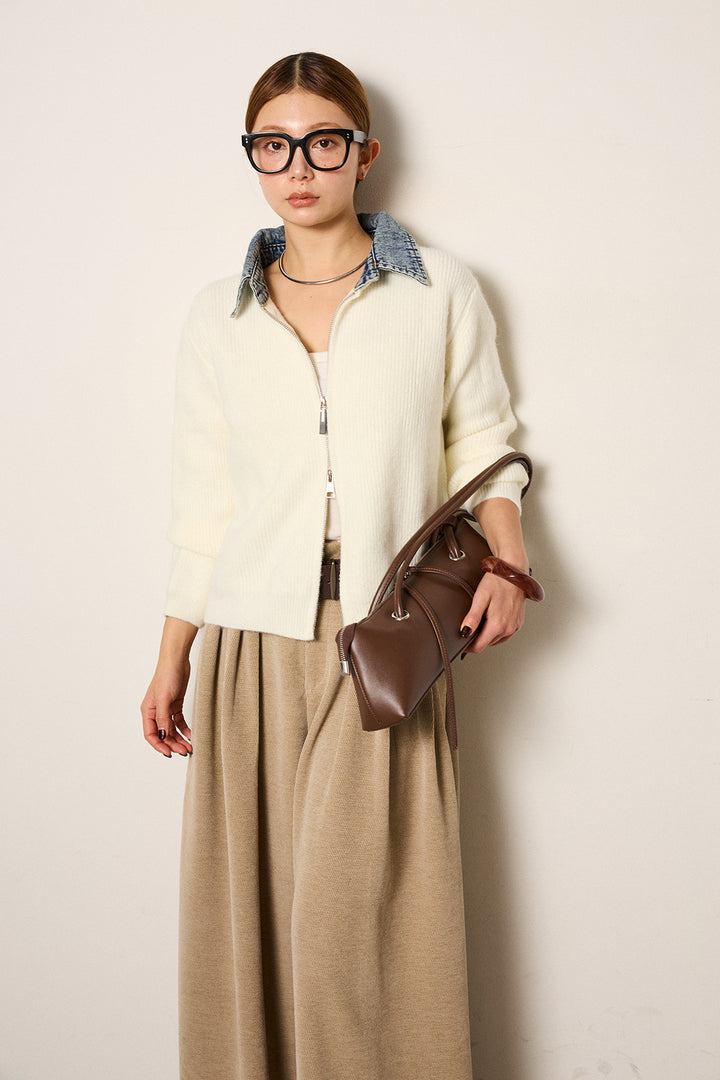 [SET]デニム襟ダブルジップニットトップス+ベルトループコーデュロイワイドパンツ(2set)