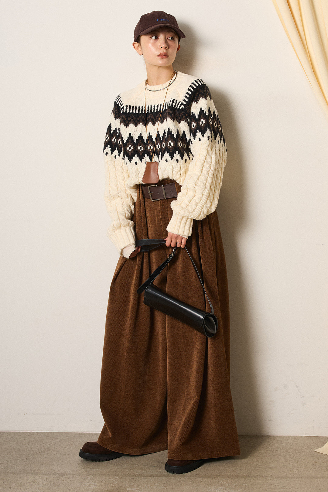 [SET]2WAY求心柄ジャガードショートカーディガン+ベルトループコーデュロイワイドパンツ(2set)