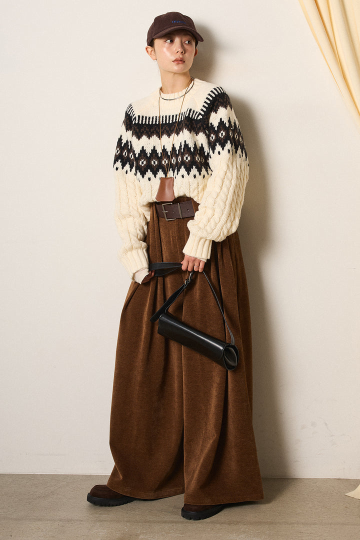 [SET]2WAY求心柄ジャガードショートカーディガン+ベルトループコーデュロイワイドパンツ(2set)