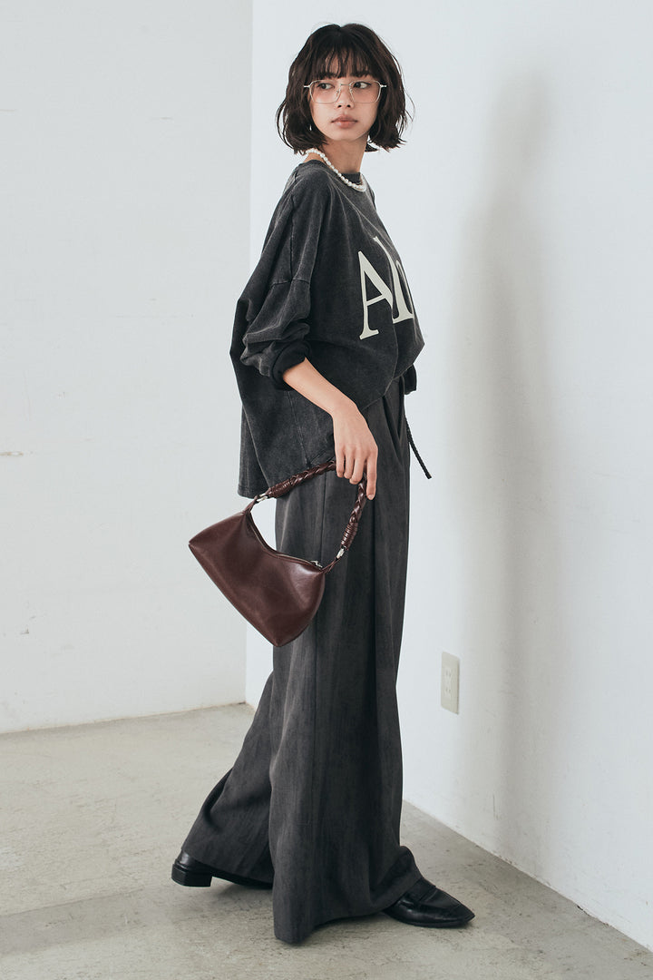 [SET]裾センタードロストロゴプリントワイドTシャツ+紐ベルト付きかすれ柄ワイドスラックス(2set)