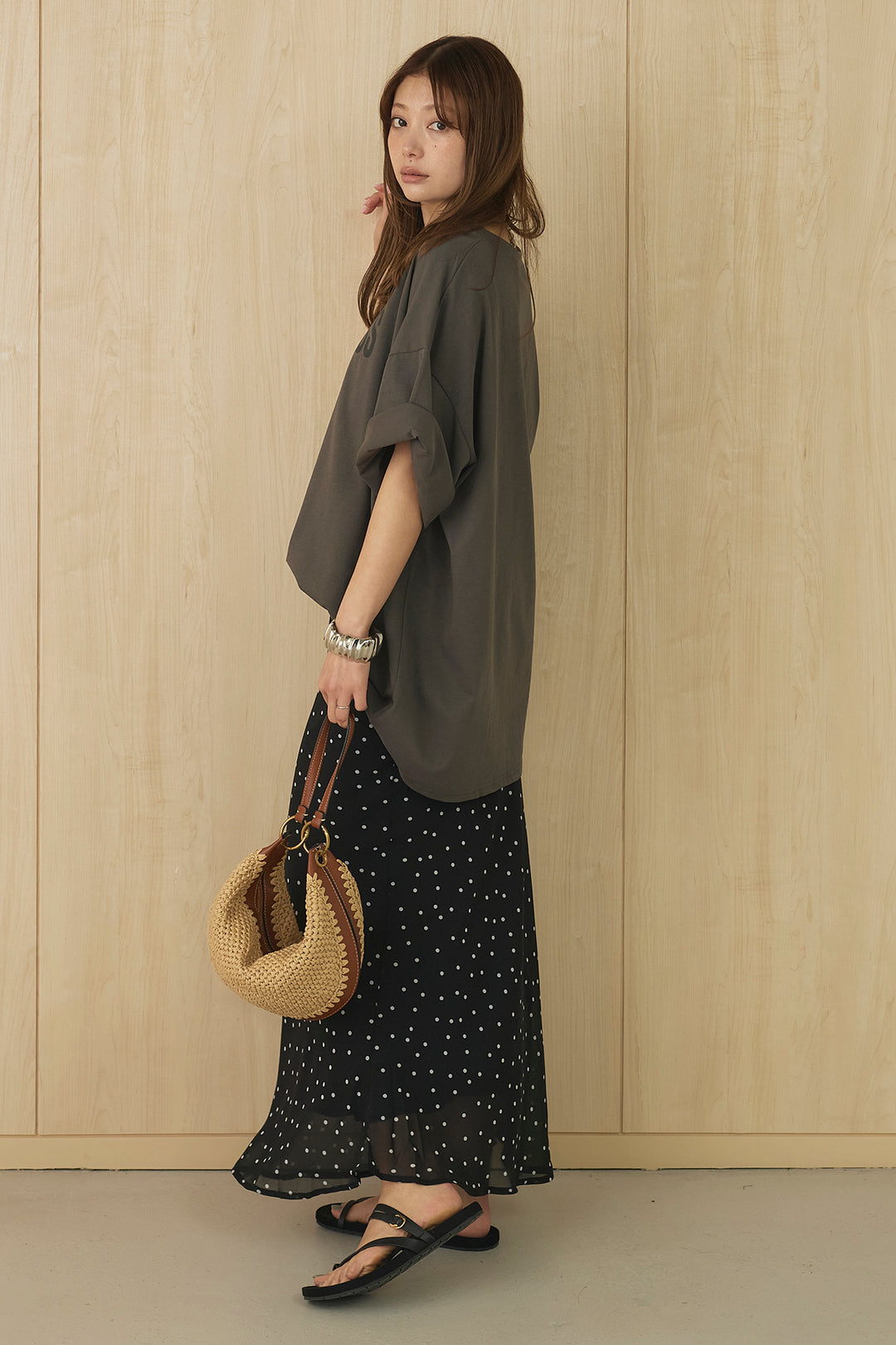 [SET]プリントロゴチュニックTシャツ+ドットサテンナロースカート(2set)