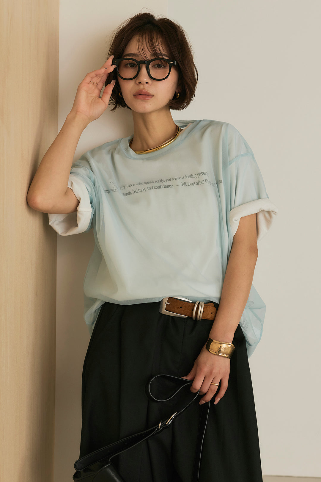 【即納】綿天竺Tシャツ×チュールトップス