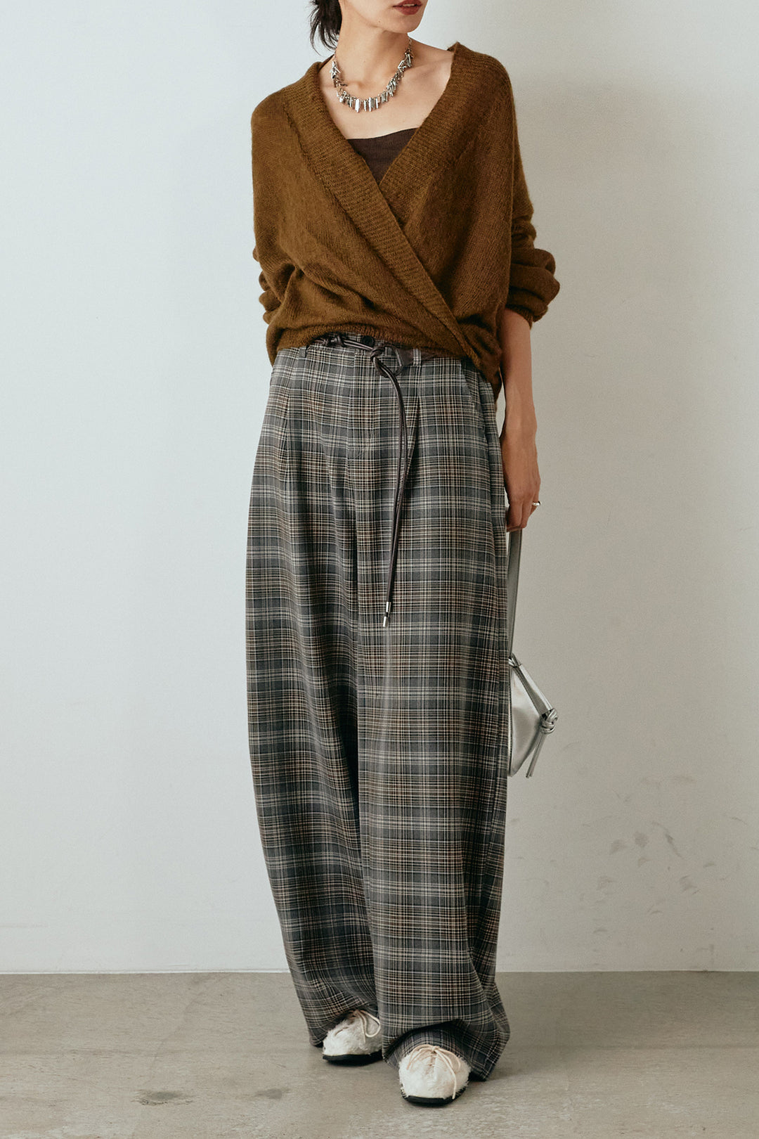 [SET]カシュクールデザインニット+編みベルト付きタータンチェックワイドパンツ(2set)