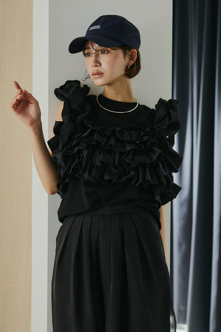 [SET]天竺ナイロンドッキングビスチェ風トップス+オーガンジータックパンツ(2set)