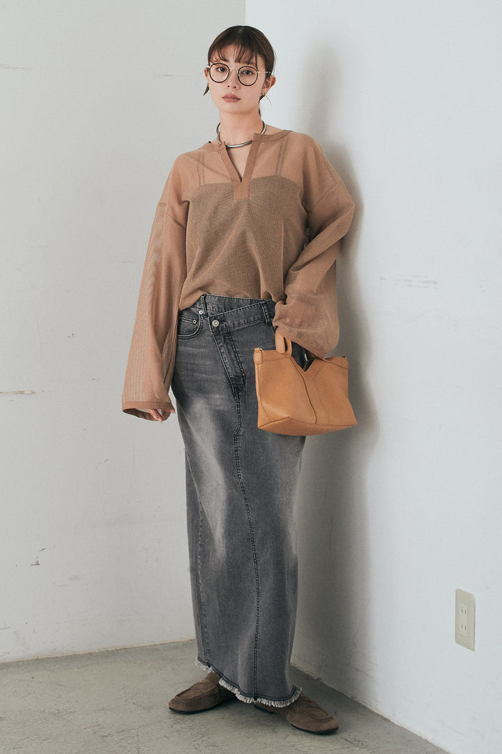 [SET]メッシュカットソースキッパープルオーバー+ウエストクロスデニムタイトスカート(2set)