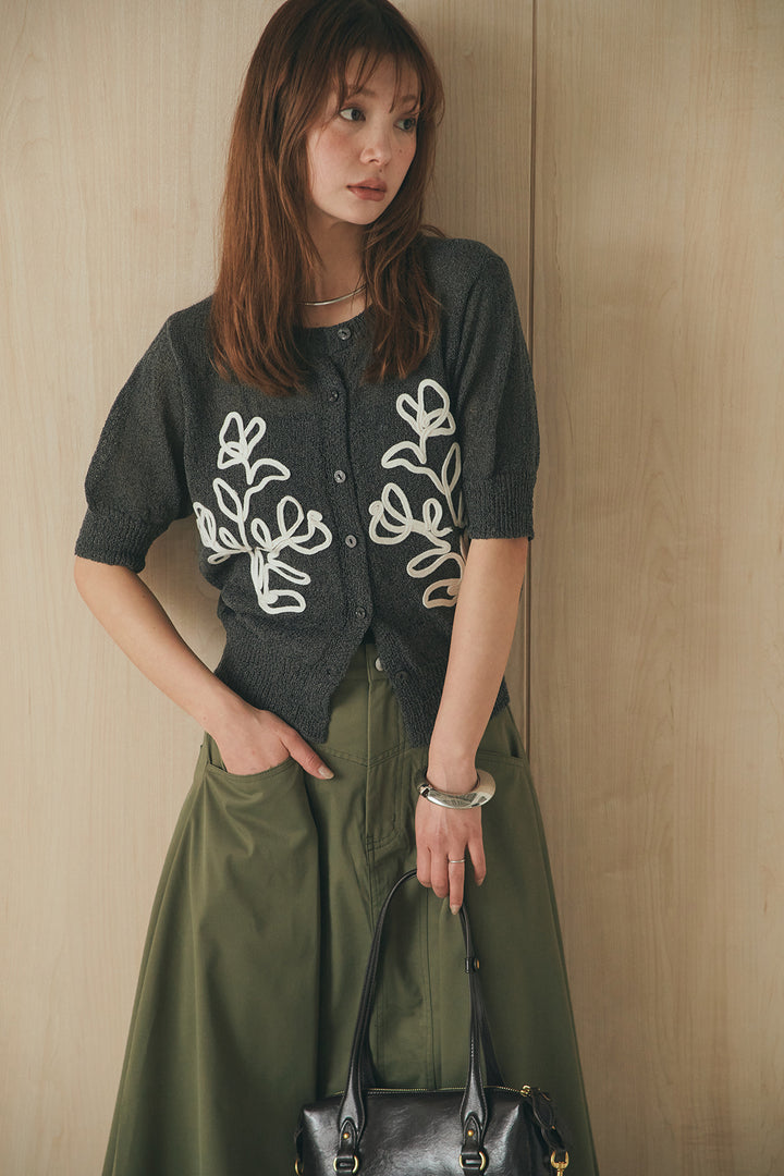 [SET]フロントテープデザイン半袖カーディガン+ミリタリーツイルタックフレアスカート(2set)