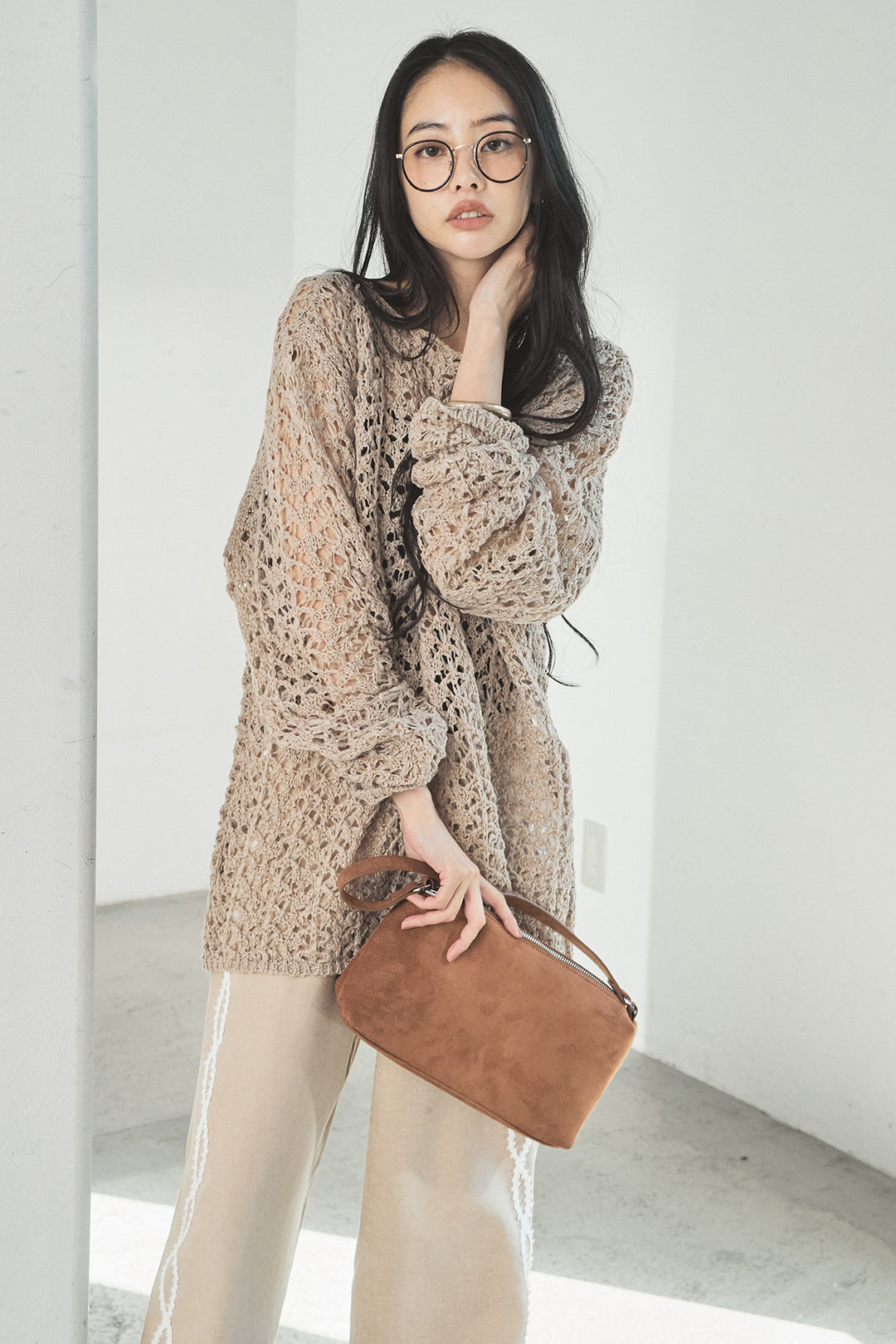 [SET]リラックスメッシュニットトップス+刺繡テープラインパンツ(2set)