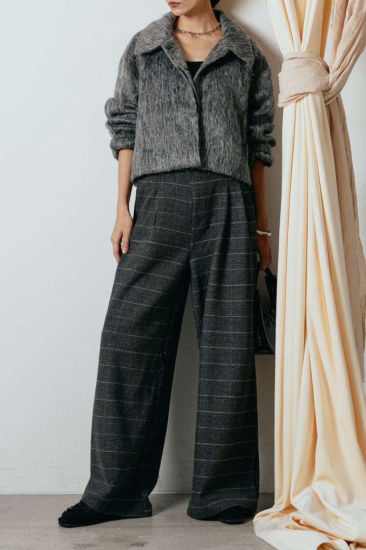 [SET]シャギーショートジャケット+スクエアチェック柄ワイドパンツ(2set)