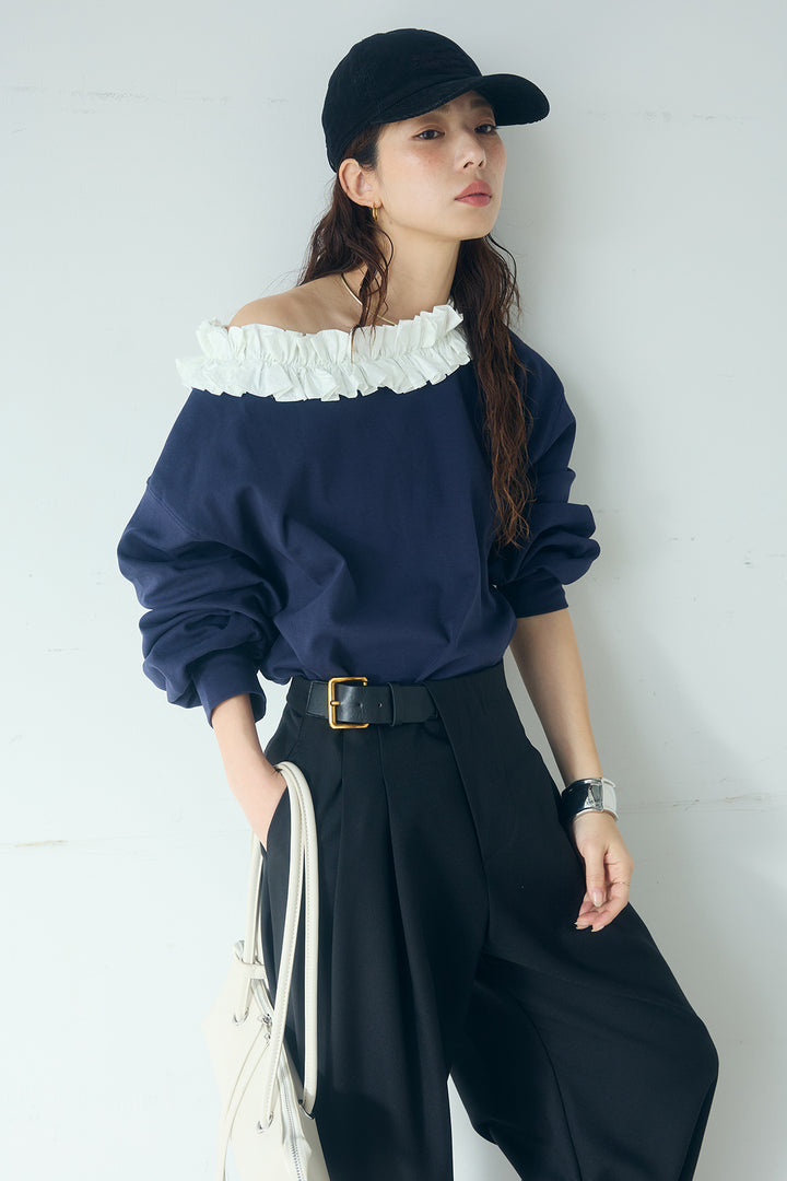 [SET]ネックギャザーフリルスウェット+サイドベルトタック入りスラックス(2set)