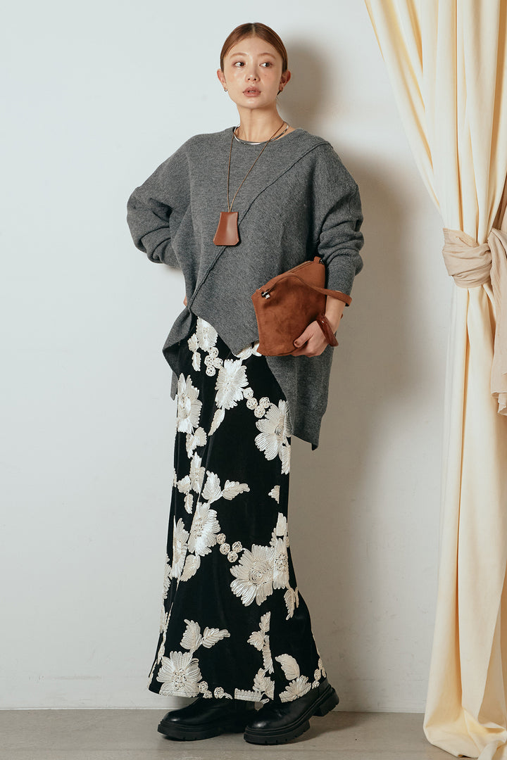 [SET]アシンメトリーデザインニットトップス+フラワー刺繍ワイドスカート(2set)