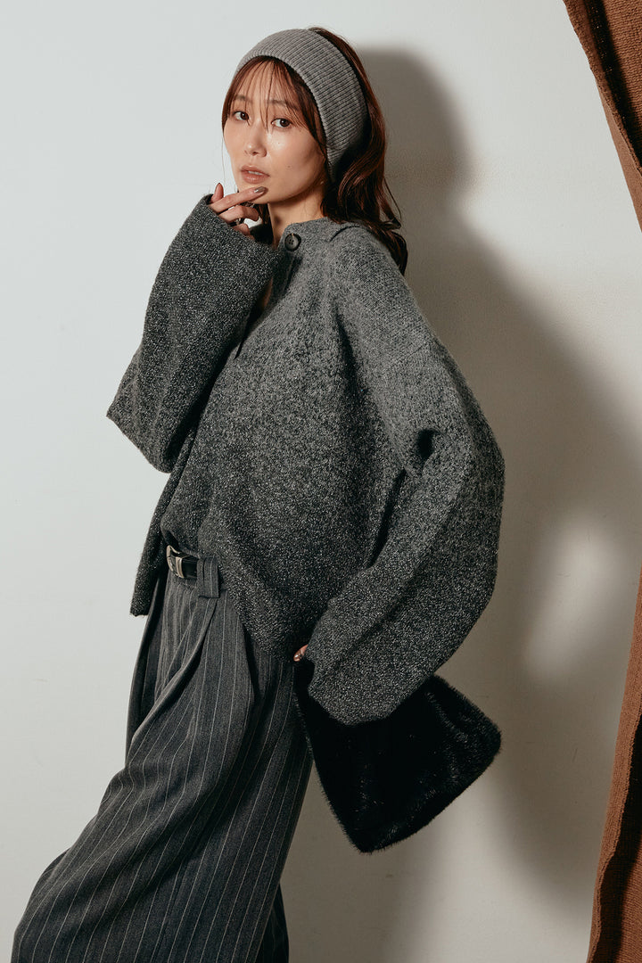 [SET]グラデーションラメニットキーネックプルオーバー+ストライプヘリンボーンパンツ(2set)