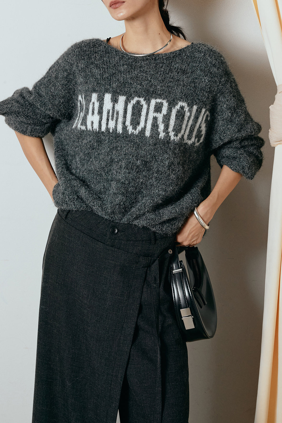 [SET]フロントロゴデザインニットトップス+ラップ巻きワイドスラックス(2set)