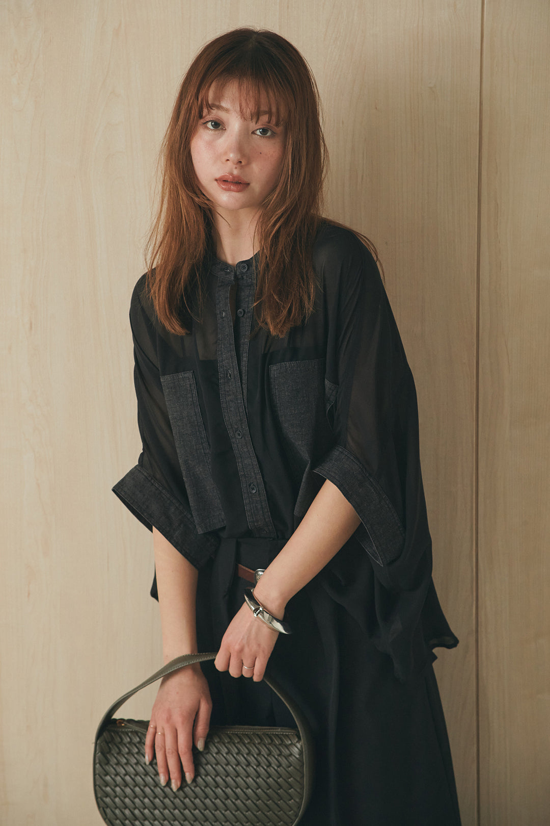 [SET]デニムライクビッグツーポケシアーシャツ+ベルトループデザインハイウエストタックパンツ(2set)