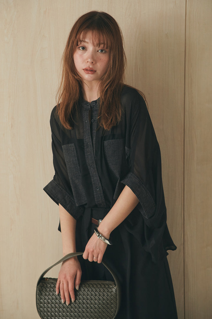 [SET]デニムライクビッグツーポケシアーシャツ+ベルトループデザインハイウエストタックパンツ(2set)