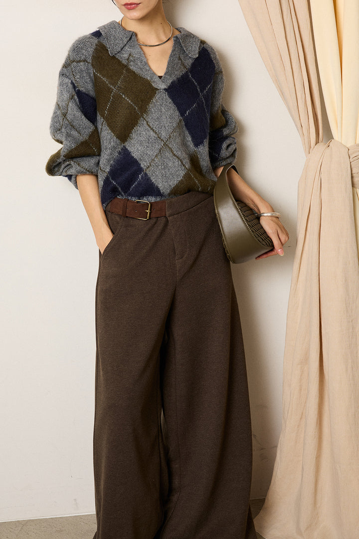 [SET]アクリルモヘアアーガイルキーネックプルオーバー+サイドベルトパンツ(2set)