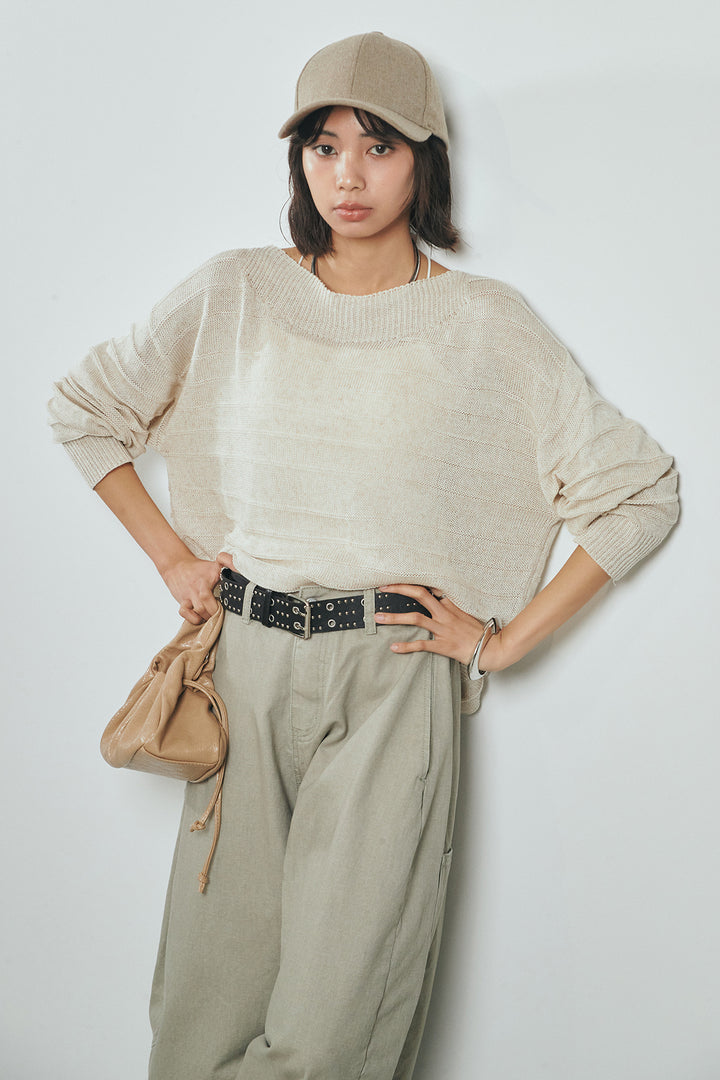 [SET]麻混リラックスニットトップス+ベルト付きカラーデニムパンツ(2set)