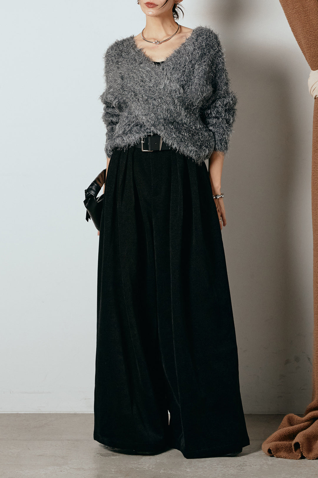 [SET]シャギークロスニットトップス+ベルトループコーデュロイワイドパンツ(2set)