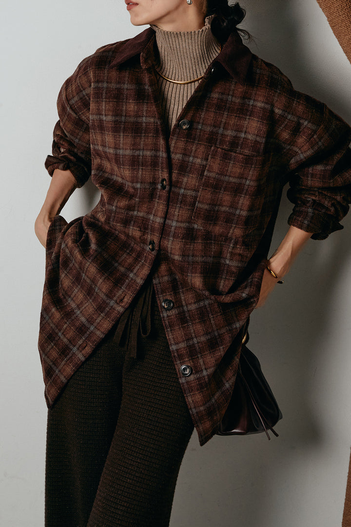 [SET]シャギーチェックシャツジャケット+ワイドリブニットイージーパンツ(2set)