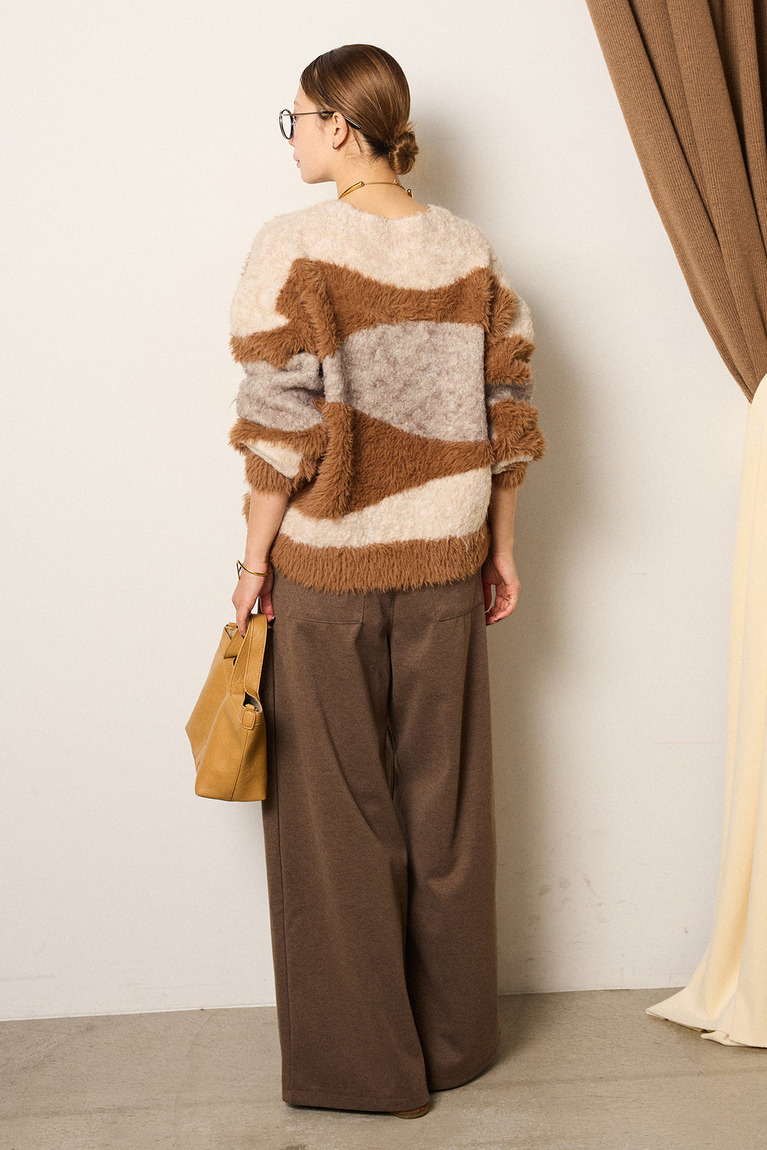 [SET]シャギーウェーブ柄クルーネックニットトップス+細ベルト付き起毛タックワイドパンツ(2set)