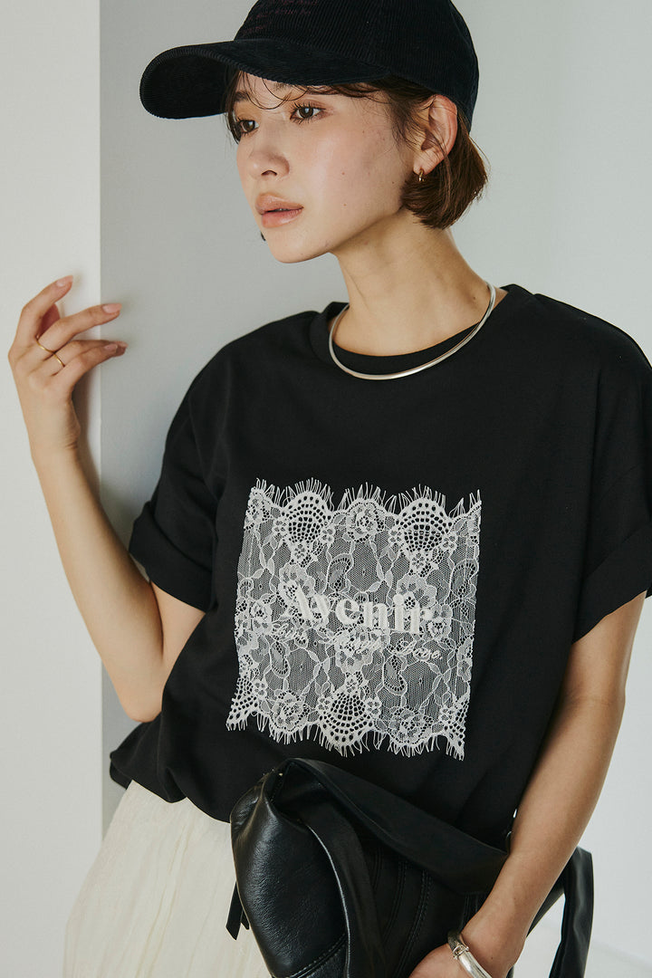 [SET]レースロゴ刺繍Tシャツ+レースコンビワッシャーギャザースカート(2set)