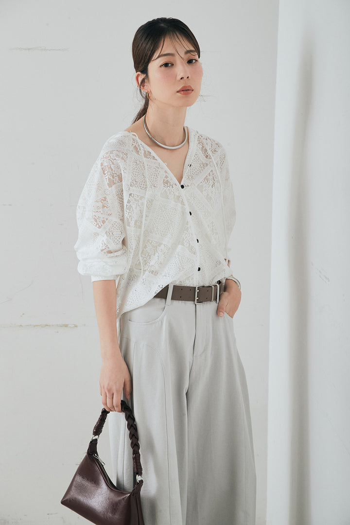 [SET]ブロックレースフード付きブラウス+ベルト付きサイドタックワイドパンツ(2set)