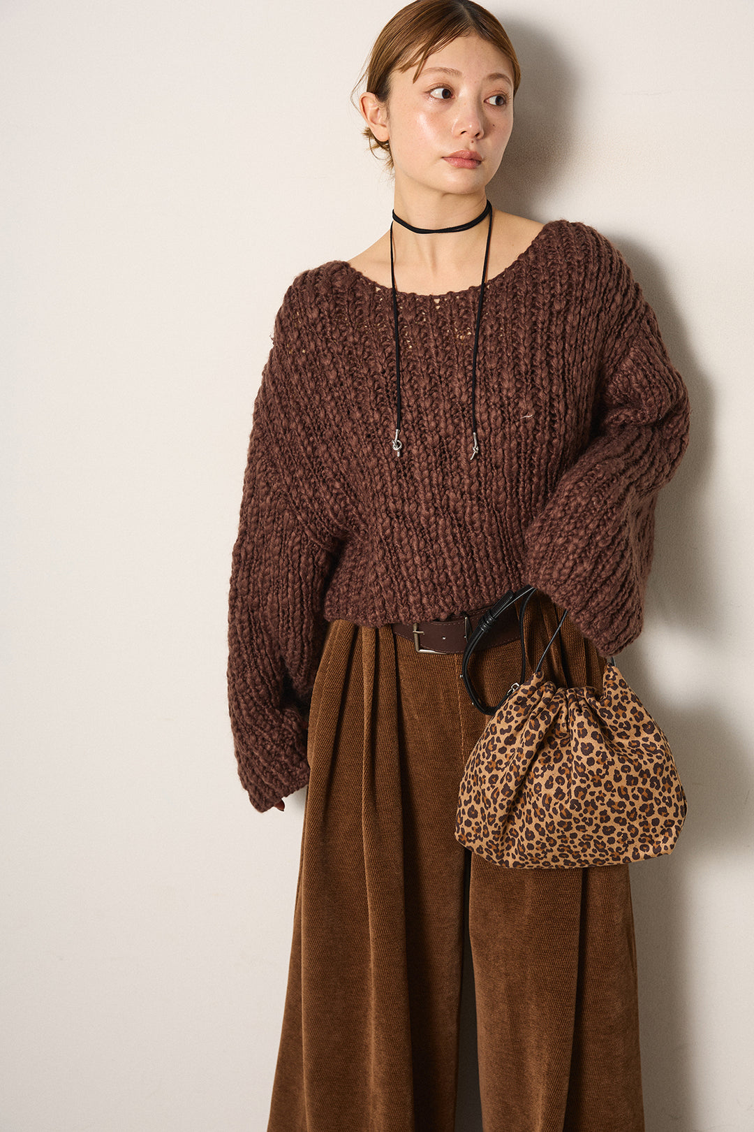 [SET]チャンキースラブニットクロップドプルオーバー+ベルトループコーデュロイワイドパンツ(2set)