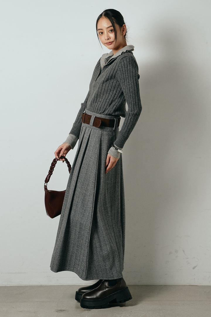[SET]レイヤード風リブニットトップス+太ベルト付きヘリンボーンプリーツスカート(2set)
