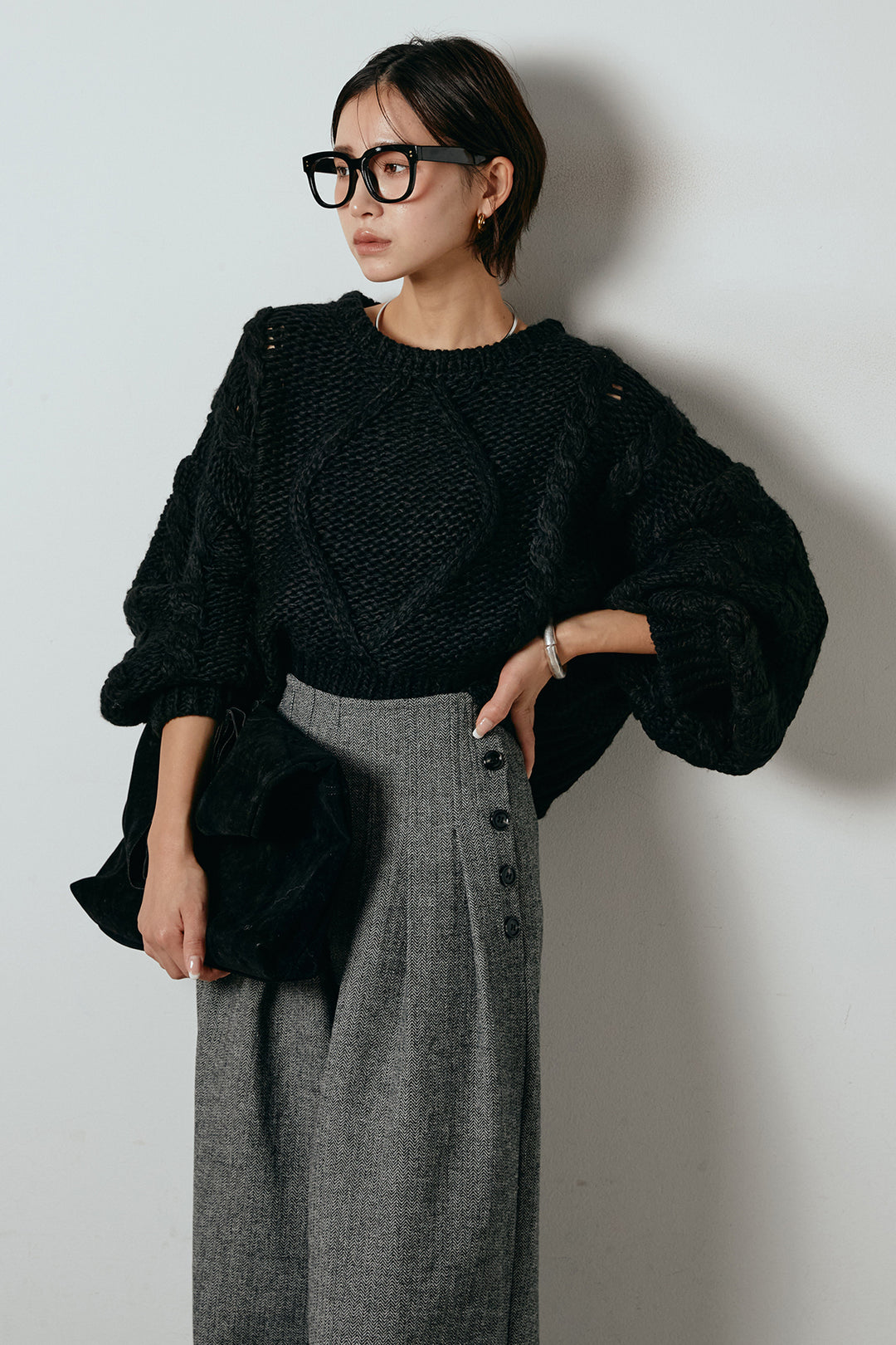 [SET]ロービングケーブルショート丈プルオーバー+サイドボタンツイードタックパンツ(2set)