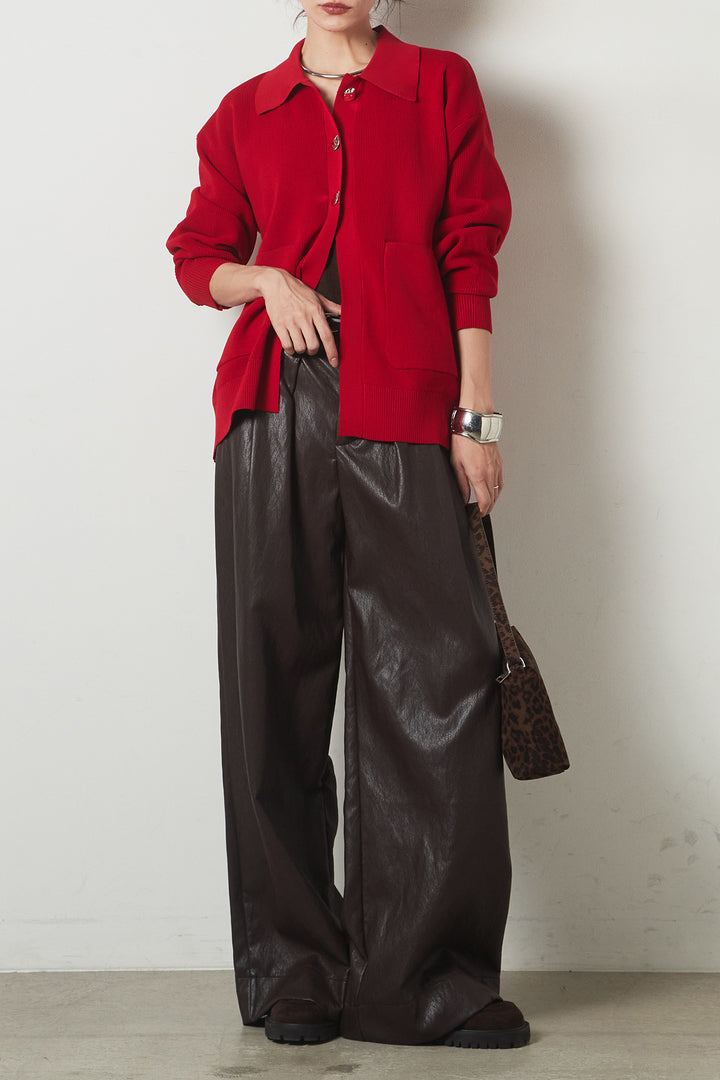[SET]メタル釦衿付きニットカーディガン+ベルト付きレザーライクタックパンツ(2set)