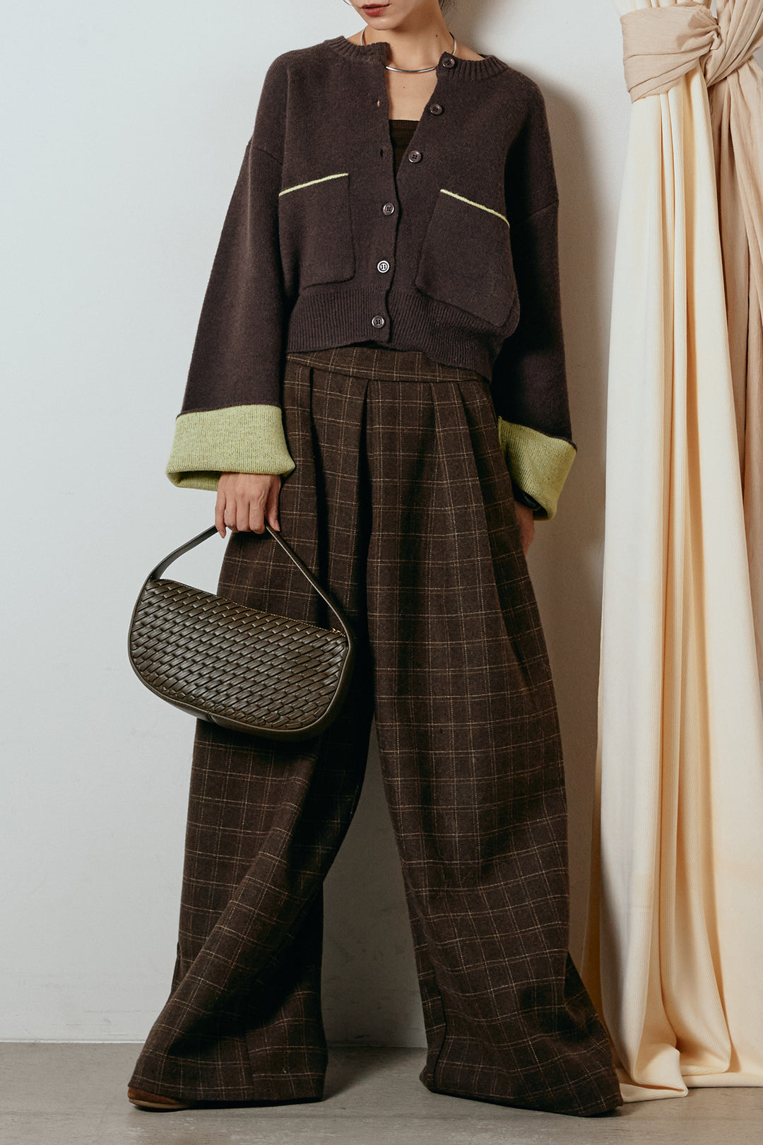 [SET]アルパカタッチダブルフェイスカーディガン+ウールライクチェックタックパンツ(2set)