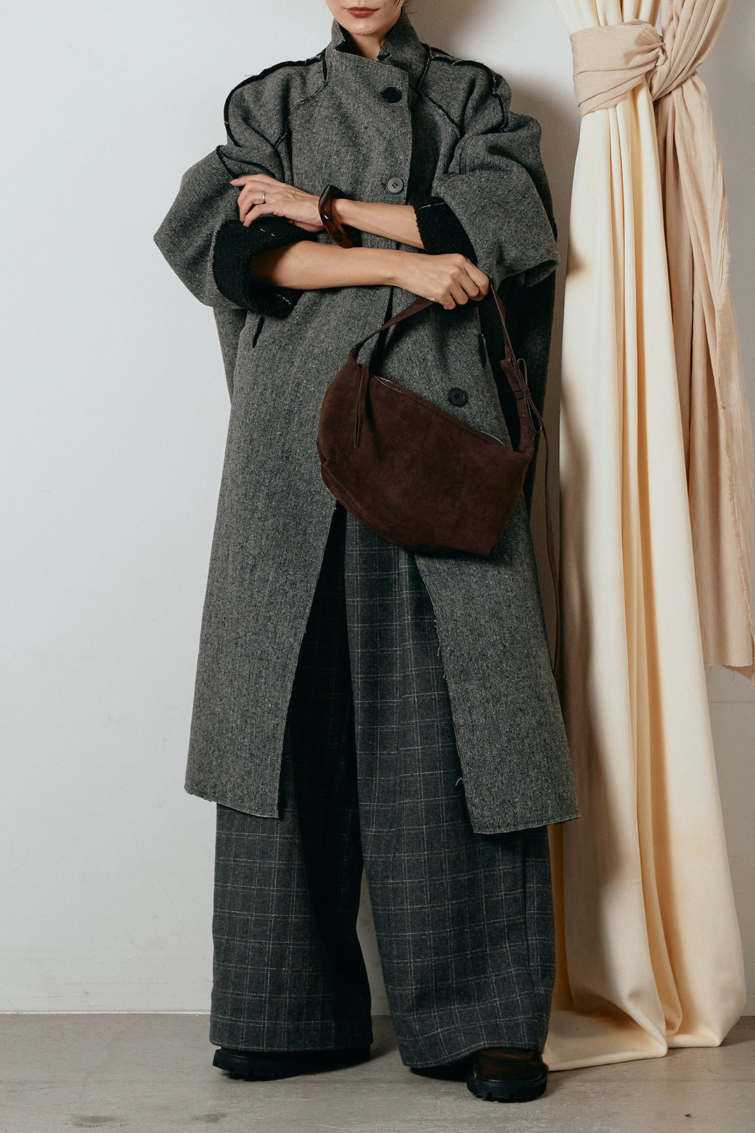 [SET]裏地ボアハイネックロングアウター+ウールライクチェックタックパンツ(2set)