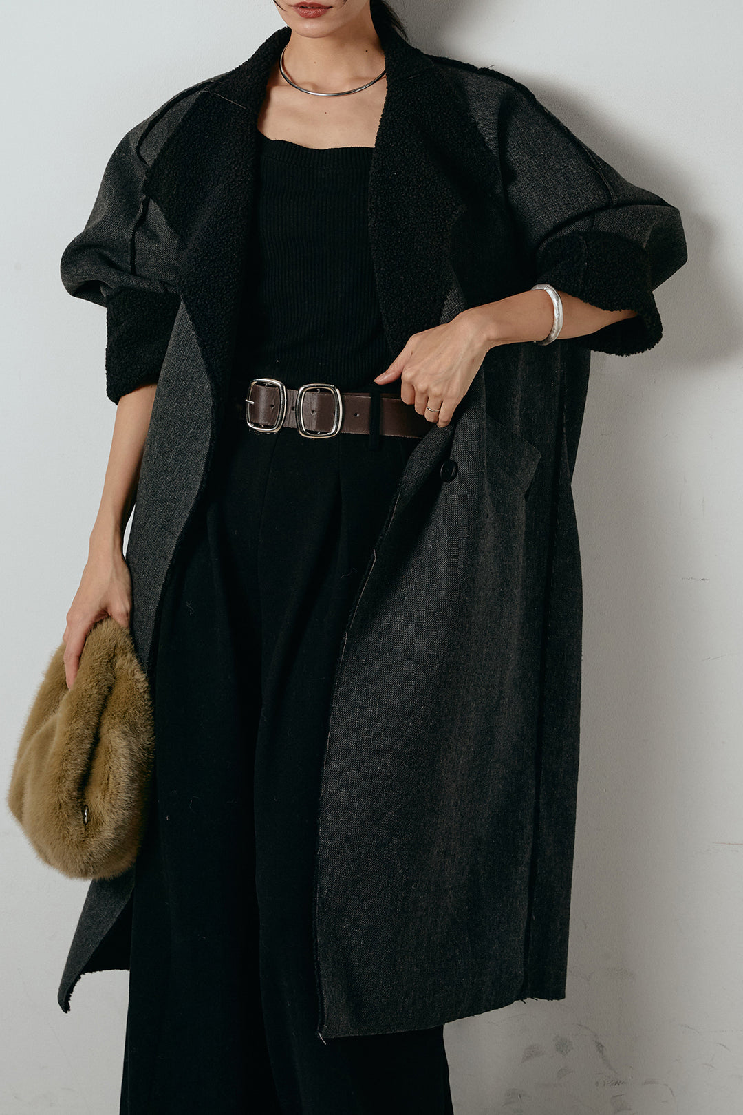 [SET]裏地ボアハイネックロングアウター+フェイクレザー太ベルト付きタックワイドパンツ(2set)