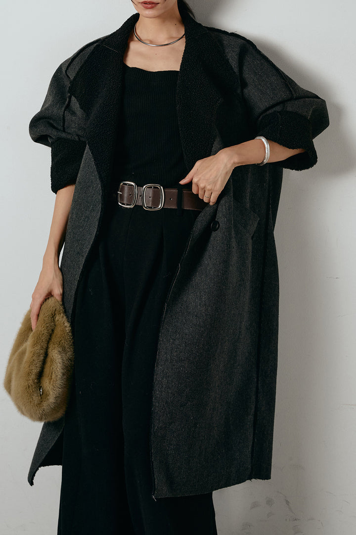 [SET]裏地ボアハイネックロングアウター+フェイクレザー太ベルト付きタックワイドパンツ(2set)