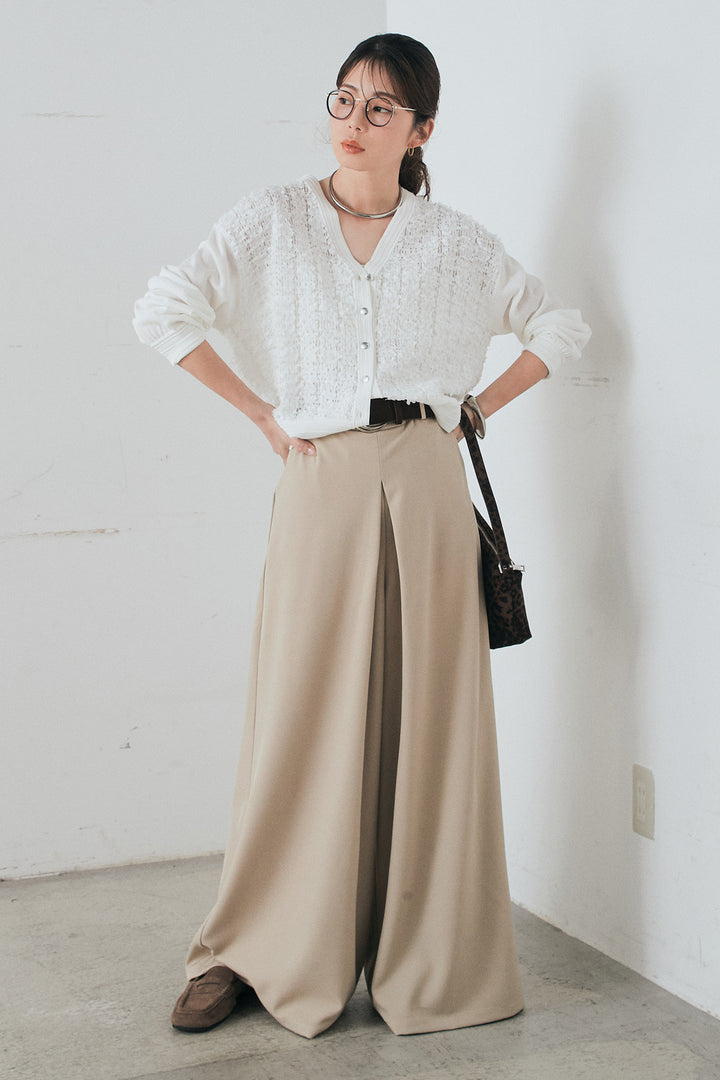 [SET]モコレースVネックカーディガン+太ベルト付きフロントタックパンツ(2set)