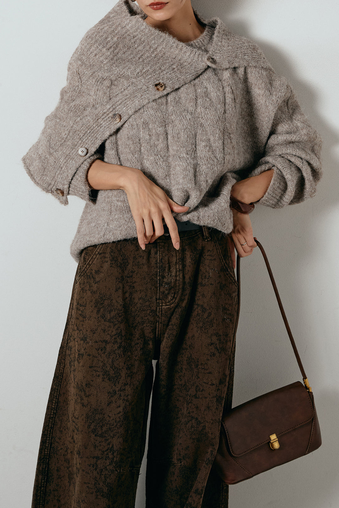 [SET]ケープデザインケーブルニットトップス+ベルト付きニュアンス柄カーブワイドパンツ(2set)