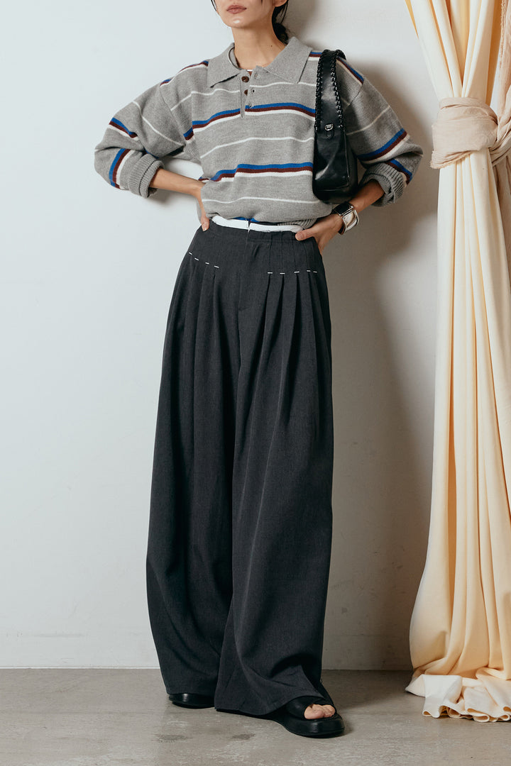 [SET]襟付きマルチボーダーニットポロトップス+ウエストステッチデザインワイドスラックス(2set)