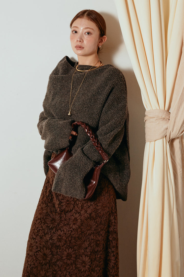 [SET]ケープデザインリブニットトップス+花柄刺繍ベロアフレアスカート(2set)