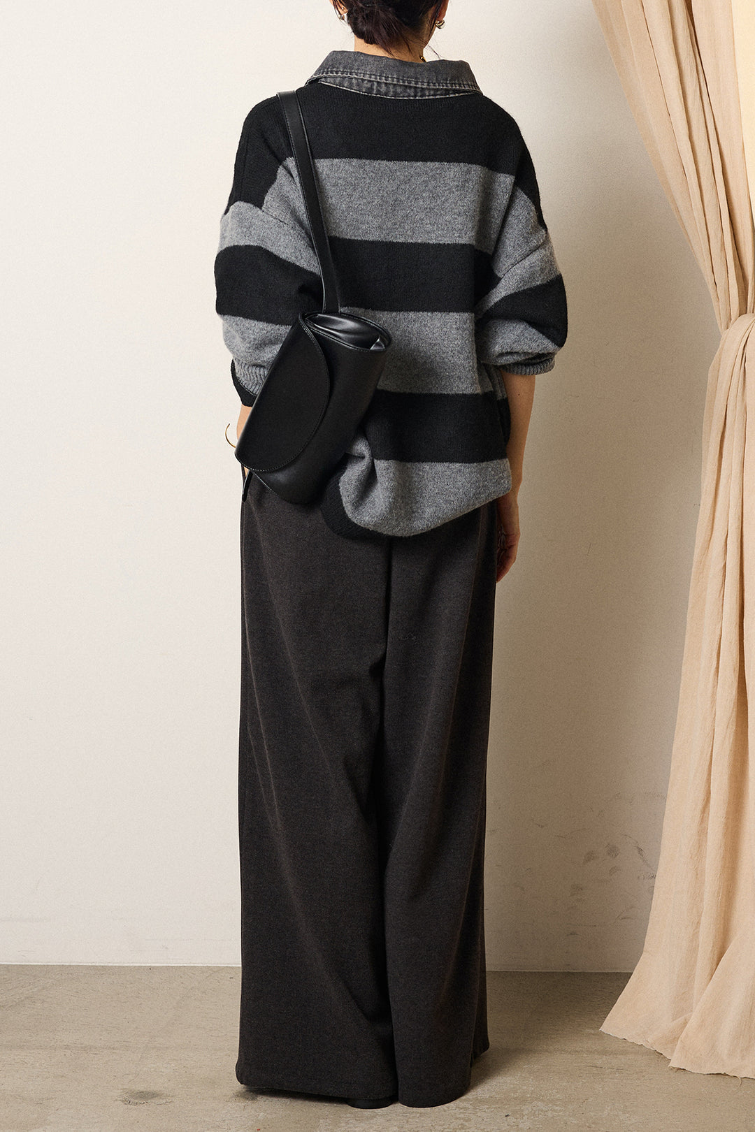 [SET]デニムカラーボーダールーズニット+ゴールドバックル太ベルト付きワイドパンツ(2set)